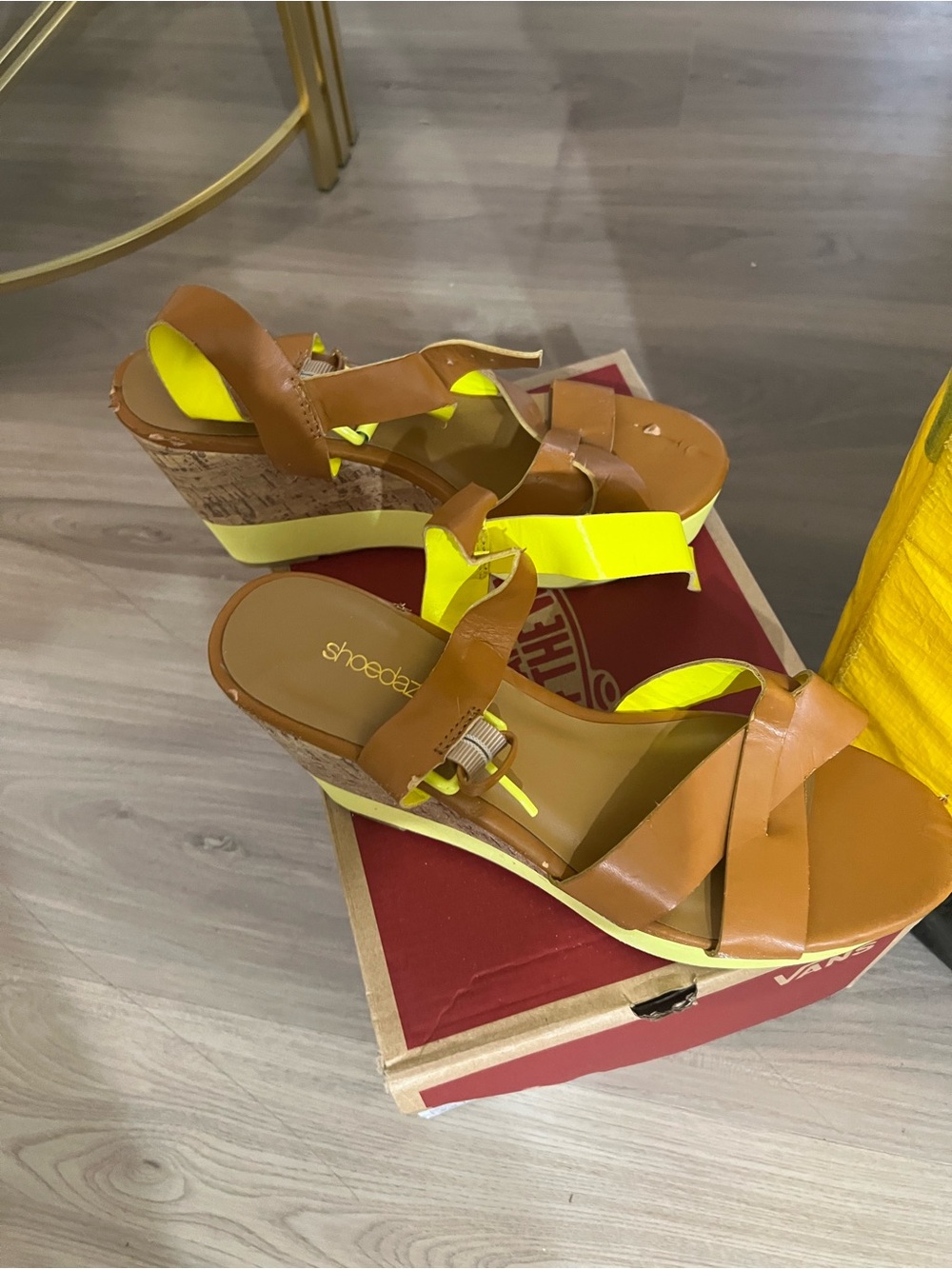 Shoe Dazzle Brown & Neon Yellow Cork Wedge Sandals